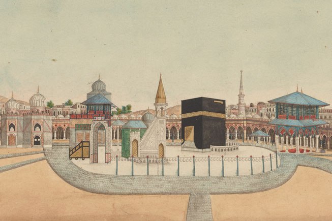 View in Mecca: The Ka'aba & The Great Mosque, from the North. 19th century lithograph from India.