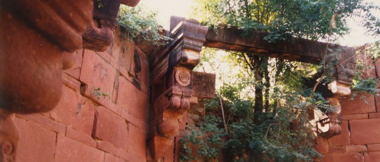 Foliage creeps over the walls of a large, red stone well.