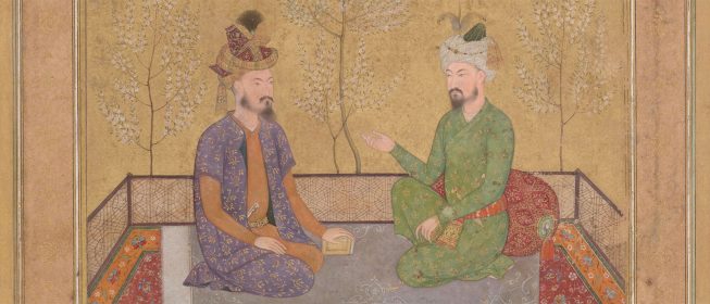 two men, Babur and Humayun kneeling on a rug