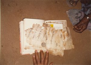 photograph of a hand touching a fragment of a book