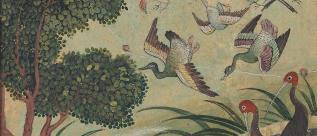 Detail of painting of birds flying among foliage