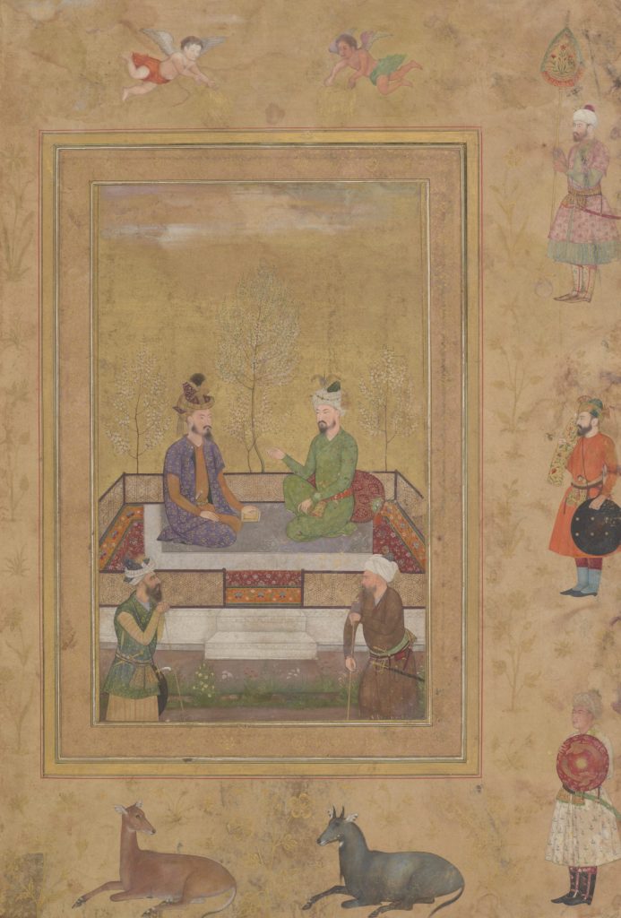 watercolor and gold on paper of two men, Babur and Humayun with Courtiers, from the Late Shah Jahan Album