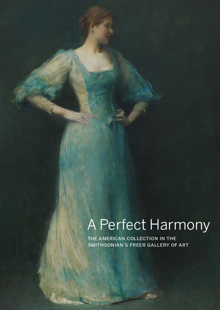 A Perfect Harmony book cover. Cover image: A painting of a woman in a light blue dress against a dark background. She looks to her left, hands on her hips.