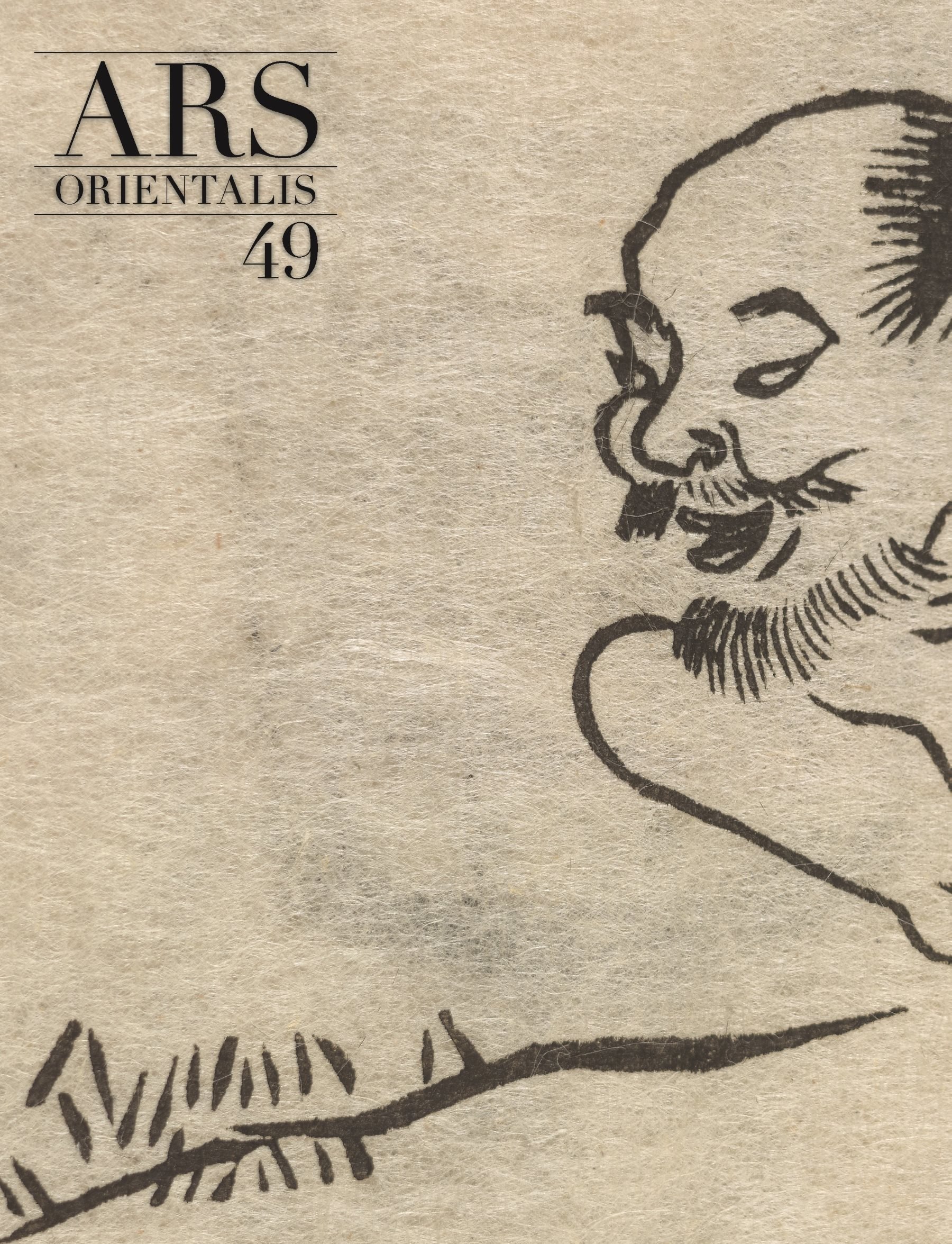 Ars Orientalis, volume 49 book cover. Cover image: a close-up ink painting of a bearded smiling bearded face against cream-colored paper