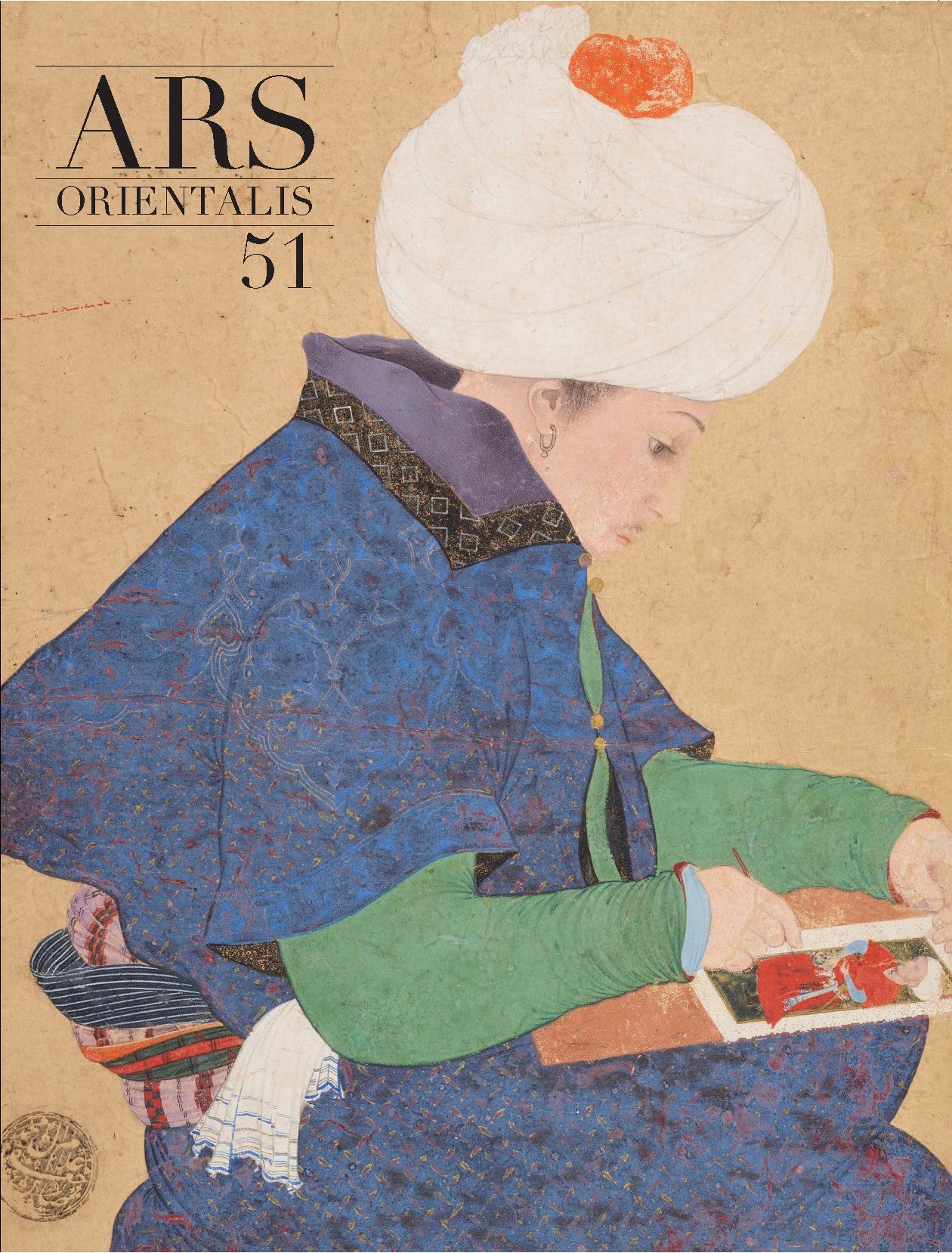 Ars Orientalis, volume 51 book cover. Cover image: A painting of a reading a book. The man wears a bright blue robe and white turban. He faces the right of the cover, looking down at a brightly illustrated page in his lap.