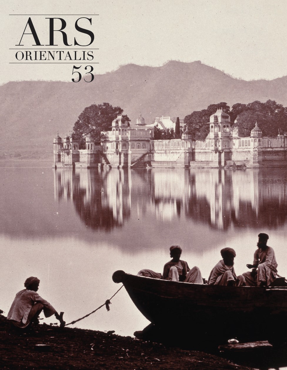 Cover of Ars Orientalis, volume 53, with a detail of a sepia-toned photograph of a boat at the edge of a riverbank as the background.