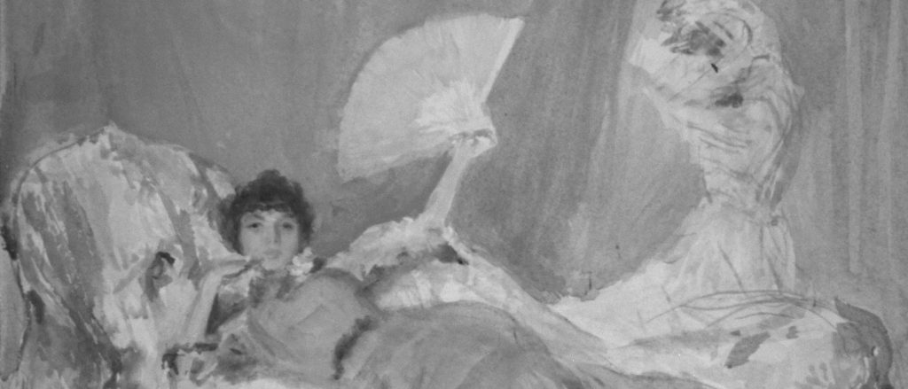 Black and white watercolor of a young woman reclining on a sofa, her left arm raised, holding an open fan, with a second figure behind the sofa at the right.