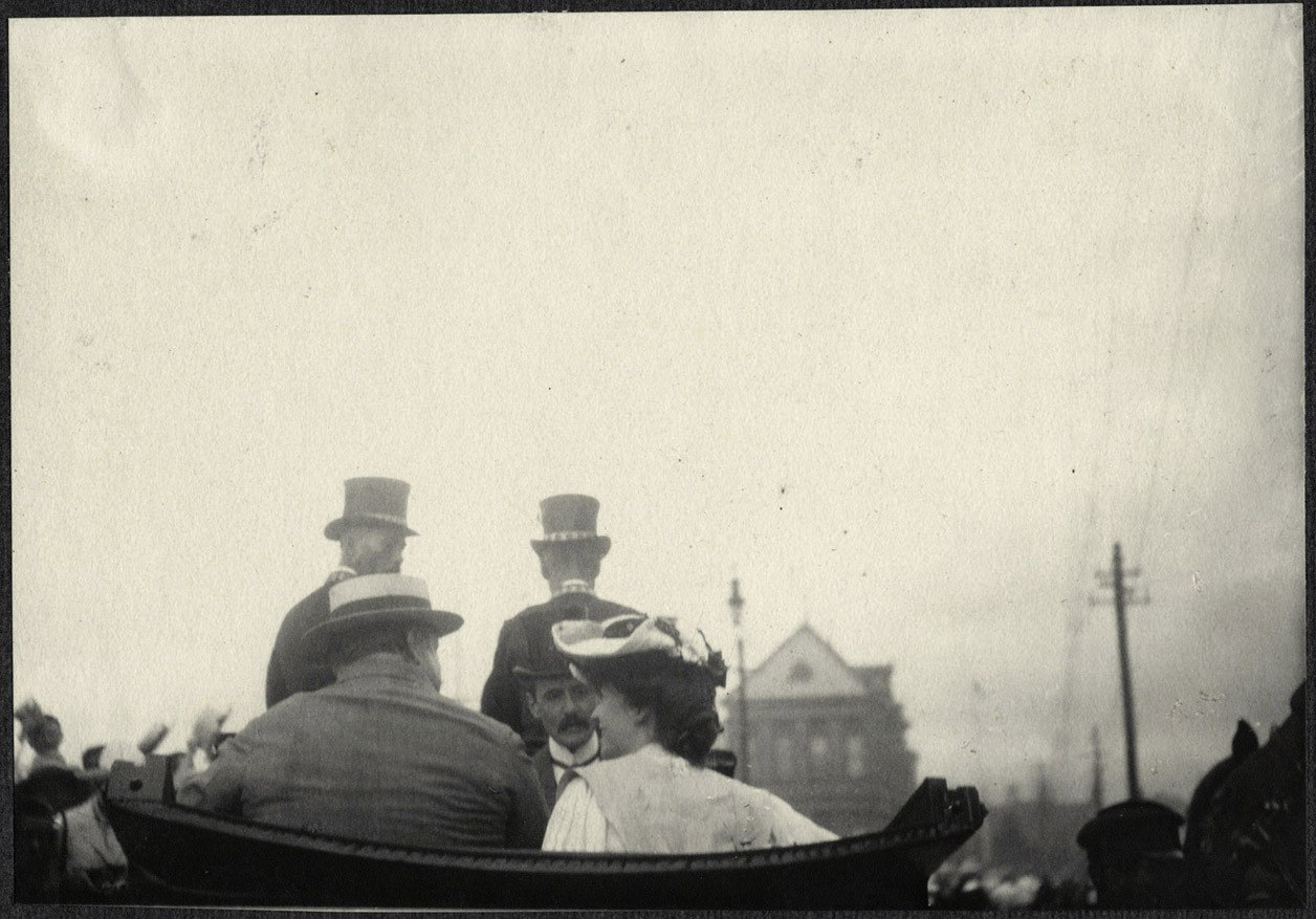 Yokohama: William Taft and Alice Roosevelt riding in carriage with US Ambassador Lloyd Griscom