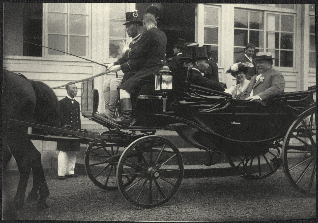 Yokohama: William H. Taft and Alice Roosevelt leaving Imperial rest villa with Japanese dignitaries
