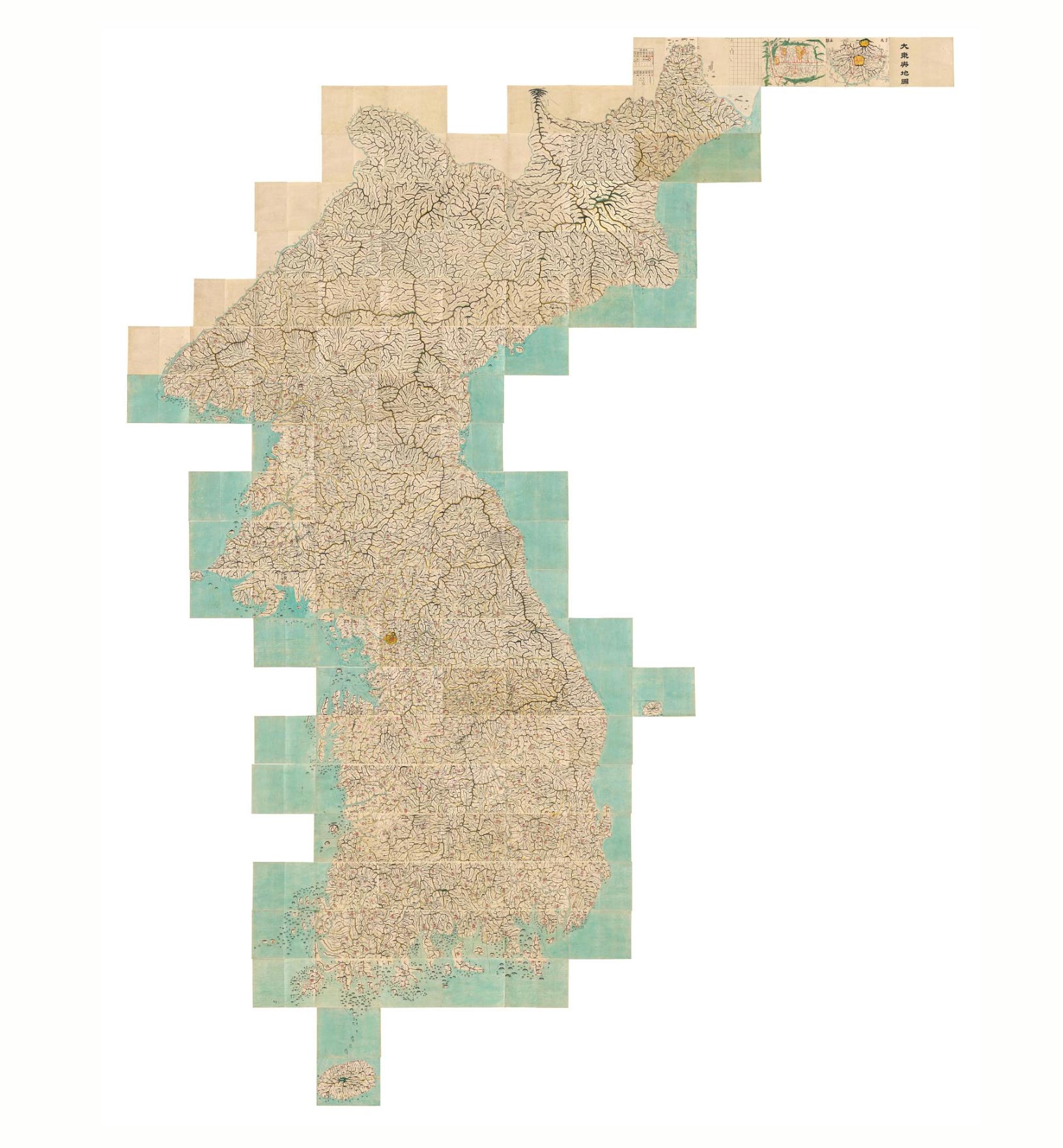 A fully zoomed out view shows the 22 booklets unfolded and composited together to depict the entire Korean peninsula.