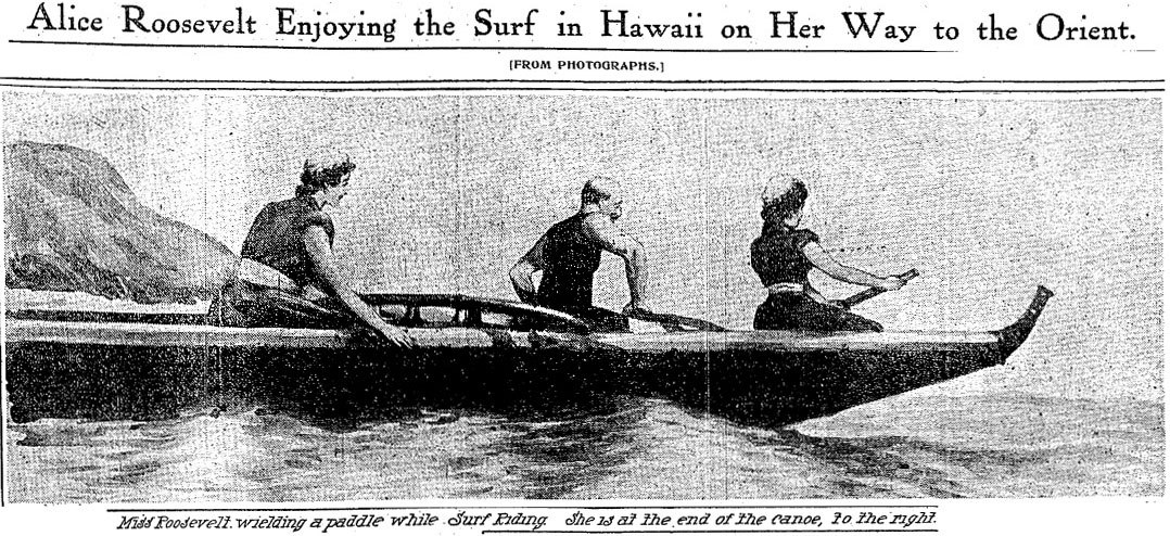 Newspaper image of three people in a small rowboat; title: Alice Roosevelt Enjoying the Surf in Hawaii on Her Way to the Orient