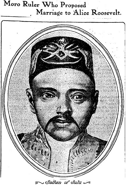 Illustration of the Sultan of Sulu's face, with headline: Moro Ruler Who Proposed Marriage to Alice Roosevelt