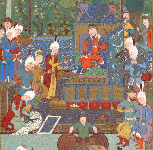 King Jamshid, dressed in sixteenth-century attire, flanked by two demons, presides over a court, where men weave silk, cut cloth, saw wood, and forge iron with huge bellows.