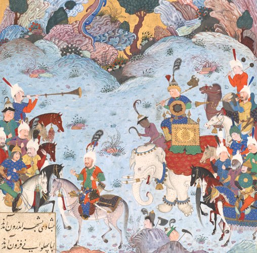 Zal dressed in Safavid royal robes and seated on a white elephant, surrounded by an army.