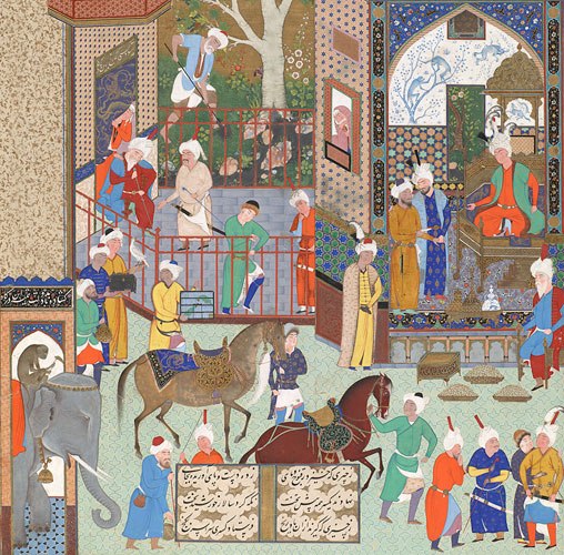 King Nushirvan presiding over a bustling court. He addresses the envoy of an Indian raja, who has arrived with a thousand camels laden with gifts of gold, silver, rubies, diamonds, and ambergris. As well as saddled horses and white elephants,