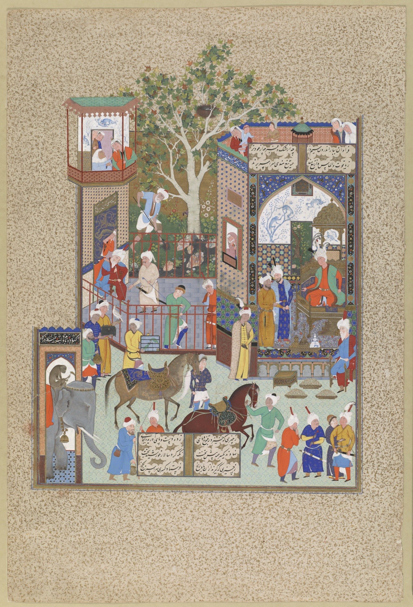 King Nushirvan presiding over a bustling court. He addresses the envoy of an Indian raja, who has arrived with a thousand camels laden with gifts of gold, silver, rubies, diamonds, and ambergris. As well as saddled horses and white elephants,