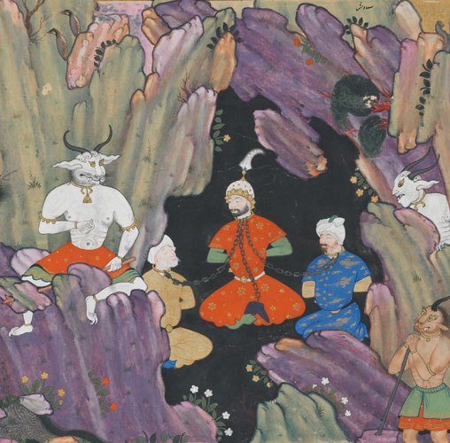 Kay-Kavus and the gleeful White Demon perched on rocks. Surrounded by a snarling bear and growling leopard.