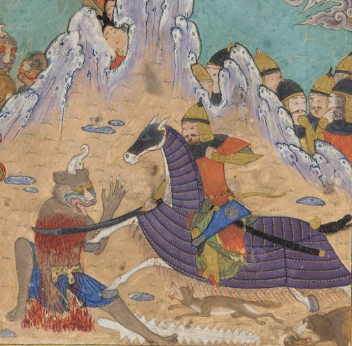 Iranian king on a horse surrounded by angels, demons, and soldiers