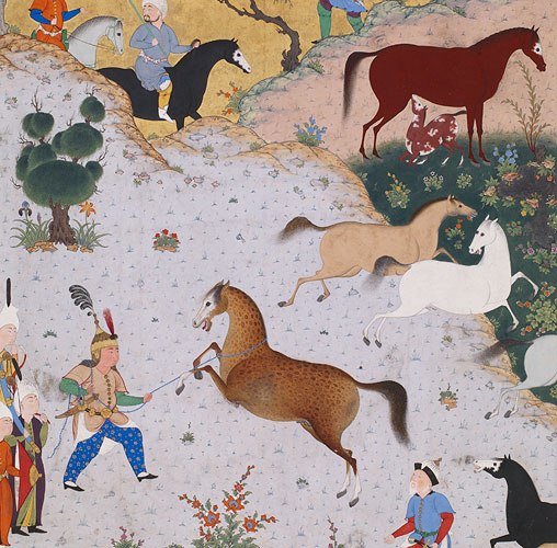 Rustam, surrounded by other horses, subdues the colt Rakhsh (Thunder).