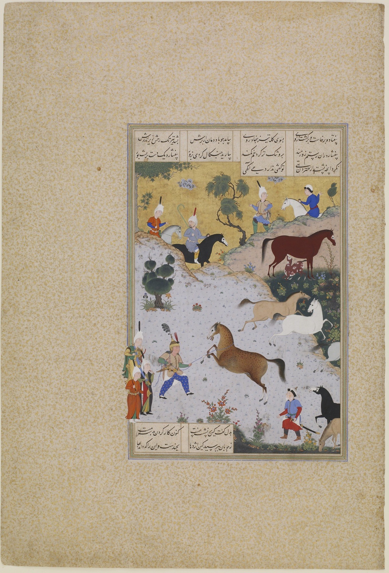 Rustam, surrounded by other horses, subdues the colt Rakhsh (Thunder).