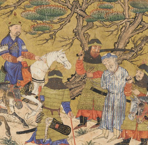 After forty days of fighting, a wounded and exhausted Ardavan is captured and brought before Ardashir and executed. Ardavan’s slumped shoulders and downcast eyes to the dry, twisting branches of the tree behind him.