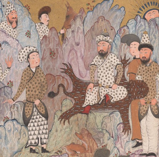 A king surrounded by his subjects and several tamed animals, each leopard-skin garments