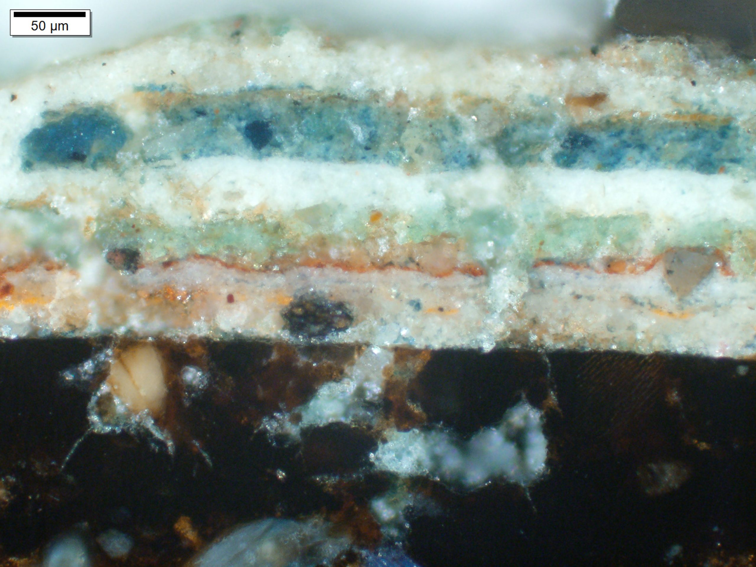 Lacquer cross sections show multiple pigment layers.