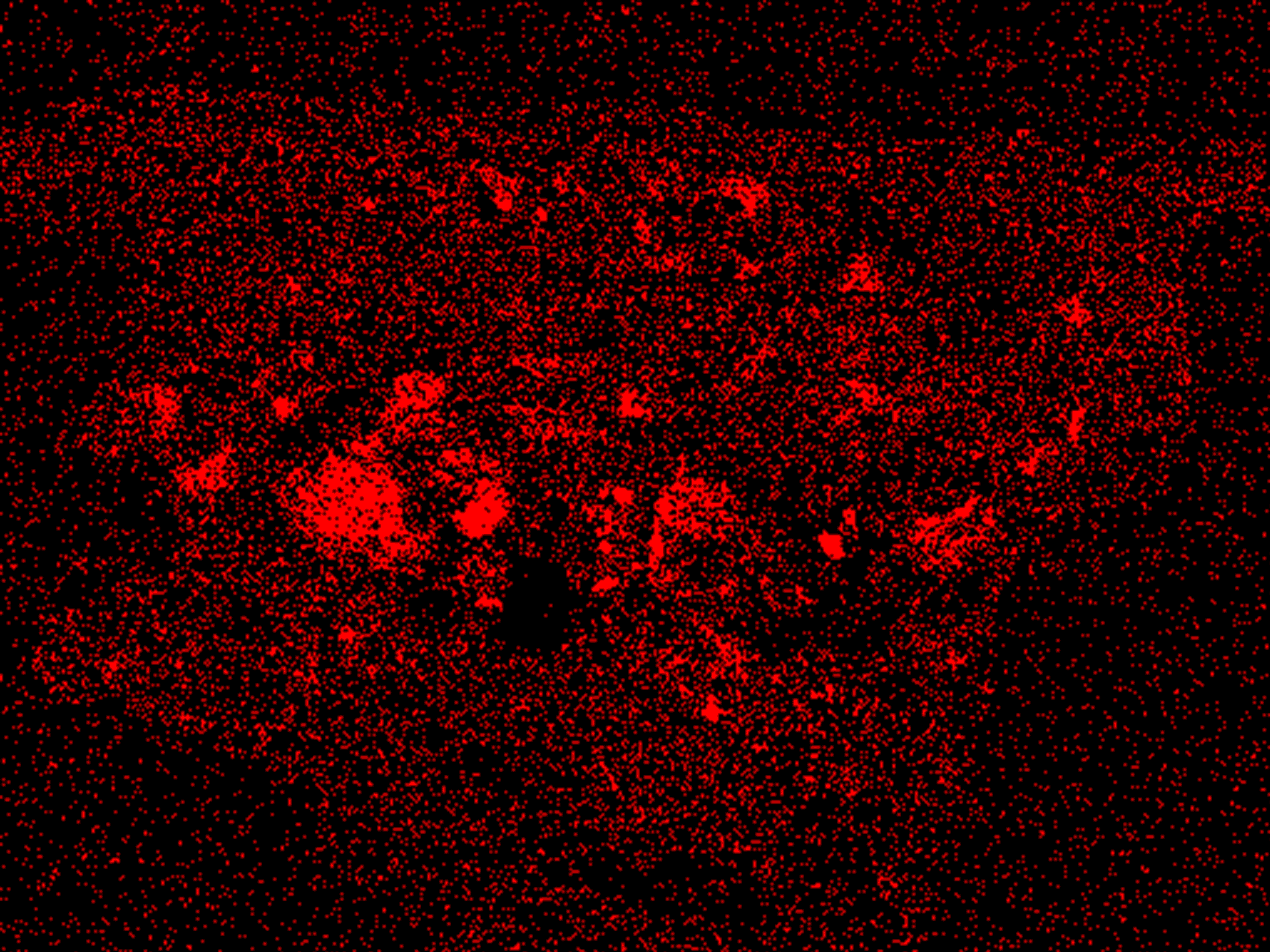 X-ray showing cluster of red marks of varying sizes.