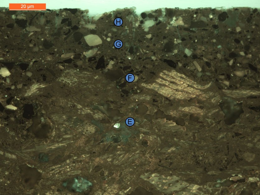 A dark greenish-brown section showing different materials