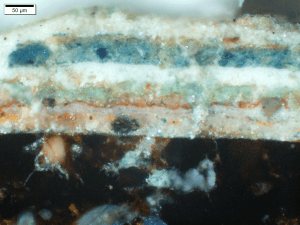 Figure S23 Cross section of paint layers from the decorative band on the Walters buddha, revealing multiple repaints