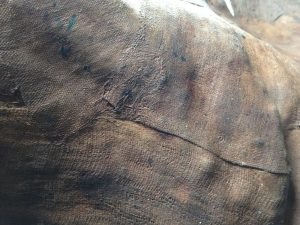 a close up view showing the textile/structure on the inside of the Freer buddha