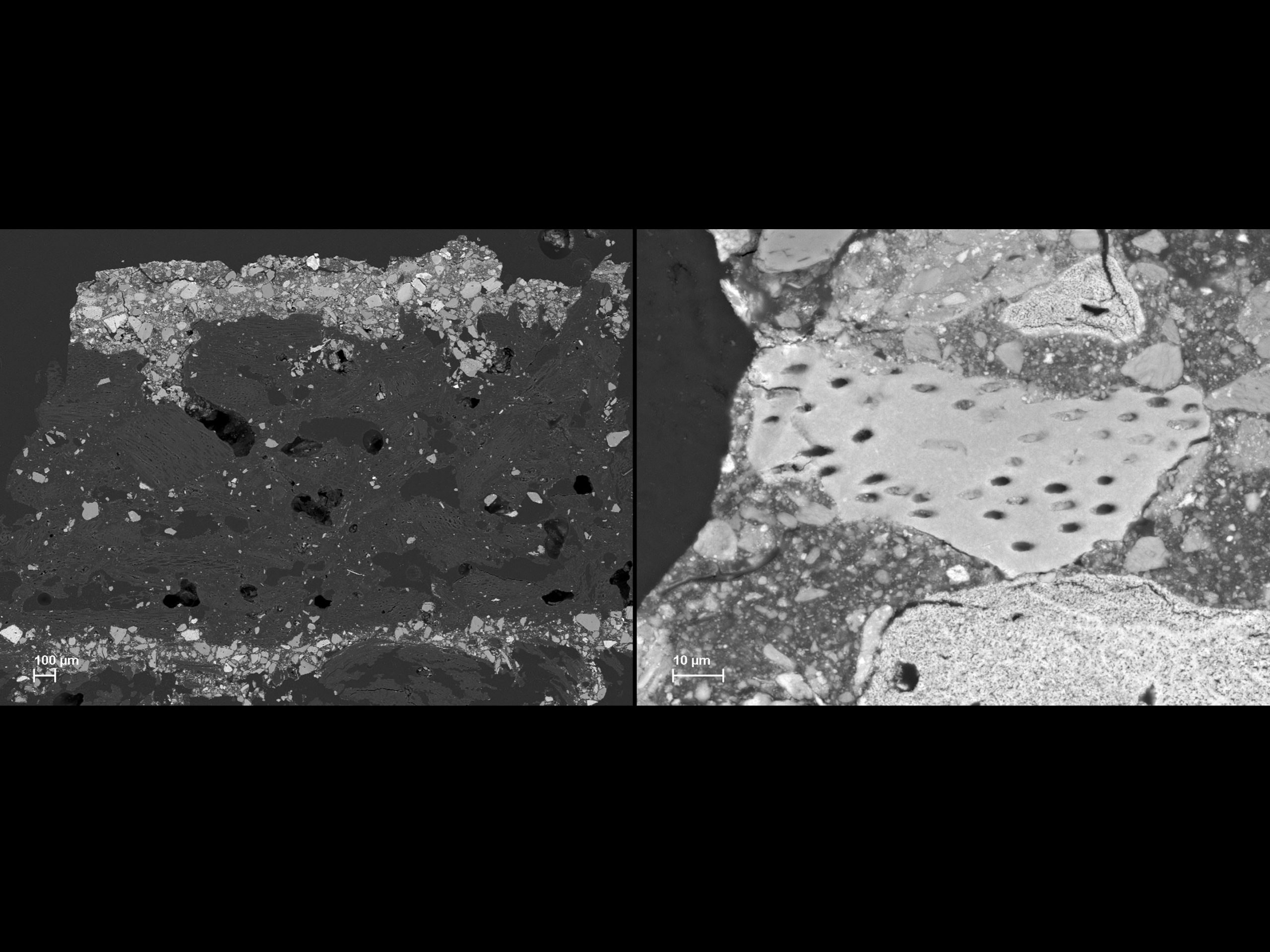 A collage showing, on the left, a cross section of the Metropolitan buddha, revealing textile and lacquer layers with particles in white. The right image shows one bone particle magnified 930 times and holes throughout the particle.