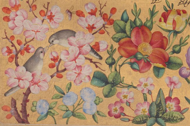 a detail of an illustration of birds and flowers