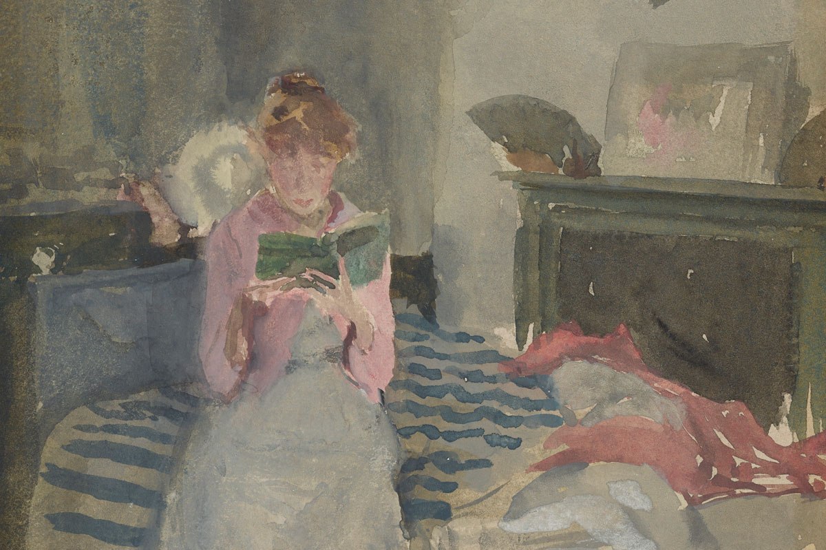 detail from a watercolor painting of a woman holding a book, sitting on a bed.