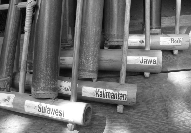 Angklung instruments labeled with Sulawesi, Kalimantan, Jawa, and Bali.