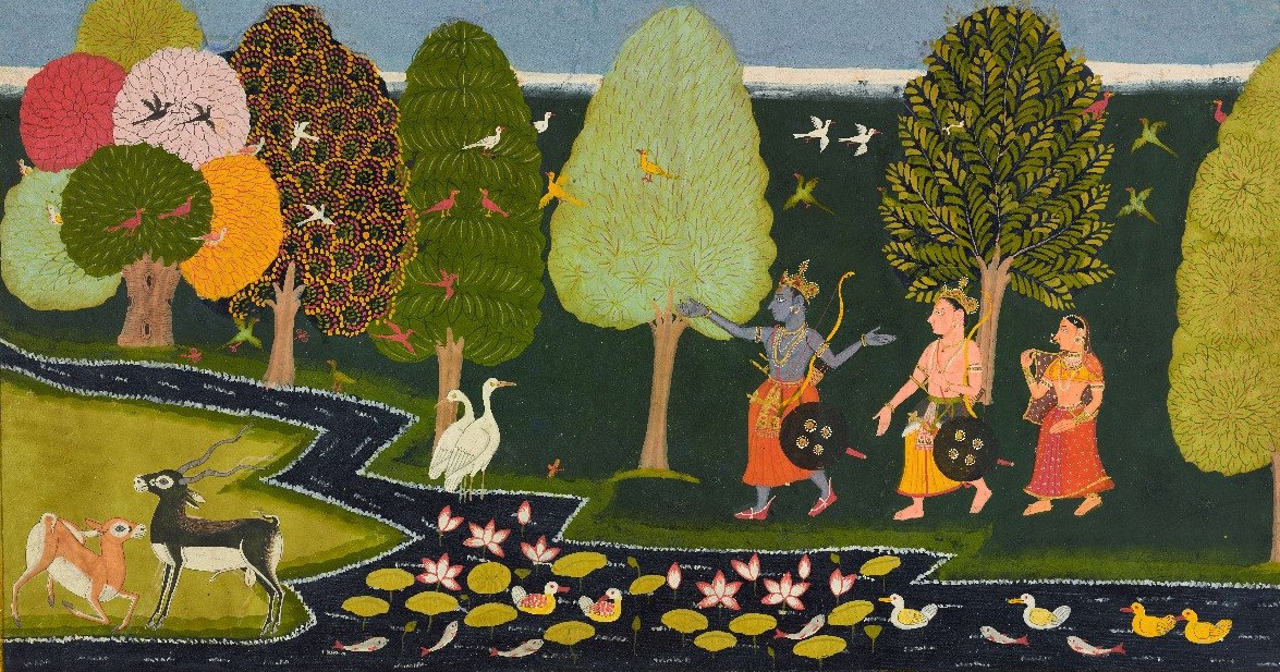 A detail of a painting in which three figures, one of whom has blue skin, walk beside a river among lush trees and colorful birds.