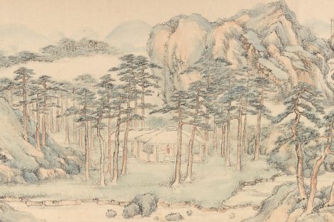 A section of a scroll painting shows a grove of tall pine trees in mountains, on the edge of water, with a house nestled in the center.