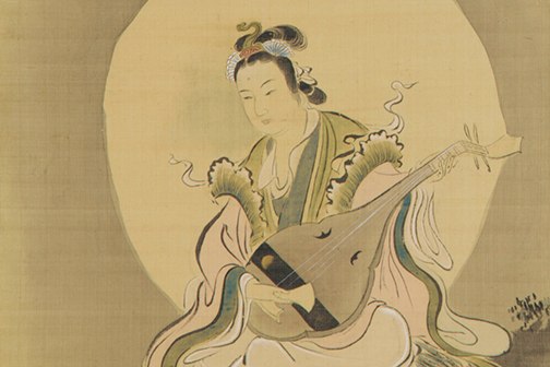 Goddess seated on a rock above the waves, playing a lute - painted in black and gray ink.