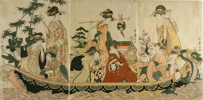 Triptych print depicting nine goddesses aboard a ship laden with treasure.