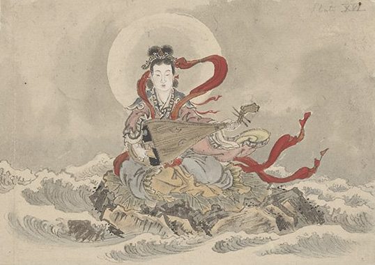 Goddess seated on a rock amidst waves, playing a lute, red ribbons from her headdress streaming in the wind.