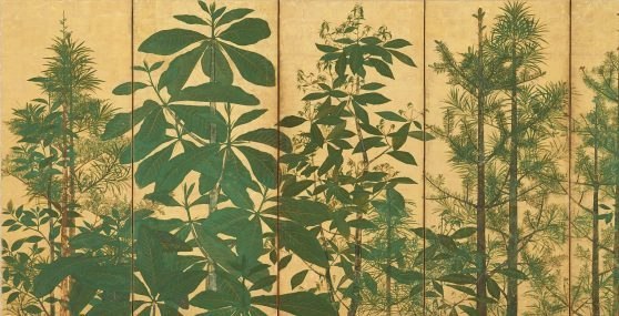 A painting details the top branches of trees. The green foliage of pine needles and leaves contrasts with the gold background.