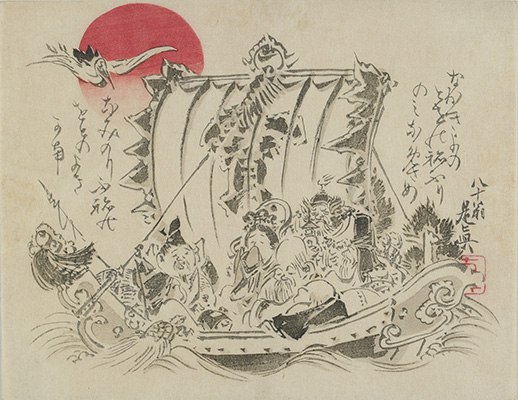 Lively figures of the Seven Gods of Good Fortune aboard a treasure ship.