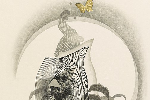 Print featuring black and gray wood grain and leaves in front of a light circle surrounded by gray mist. Some of the leaves and a butterfly are printed in gold.
