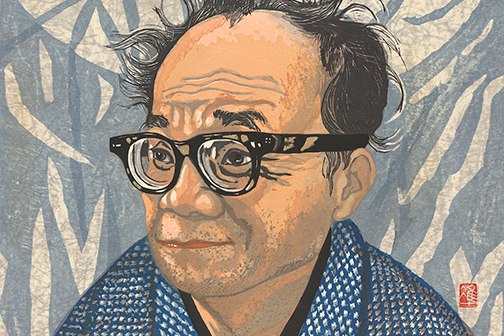 Printed portrait of a man wearing thick glasses.