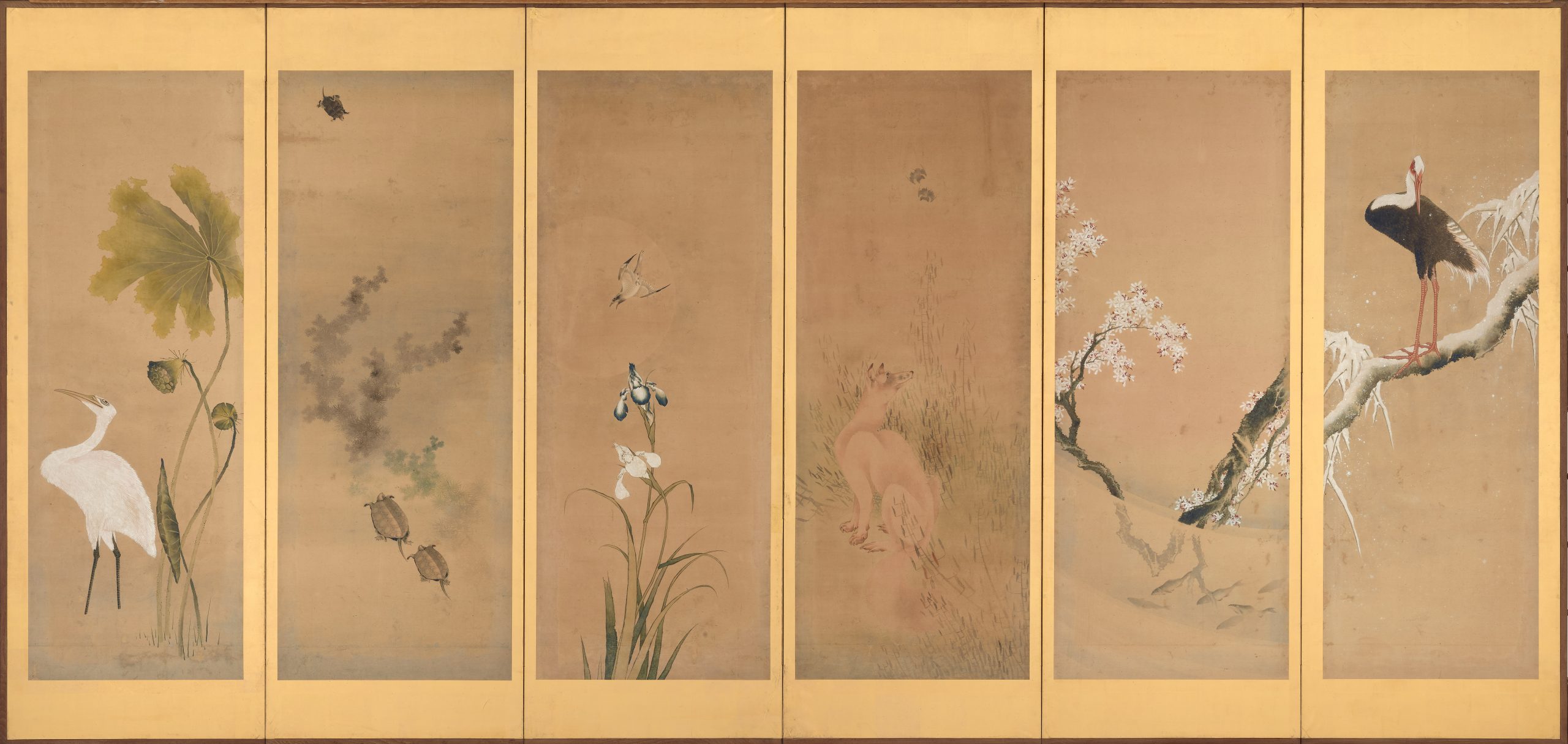 a folding screen with panels showing a crane and plants, three turtles, an iris and a songbird, a dog and two birds, a white flowering branch, and a crane on a snowy branch