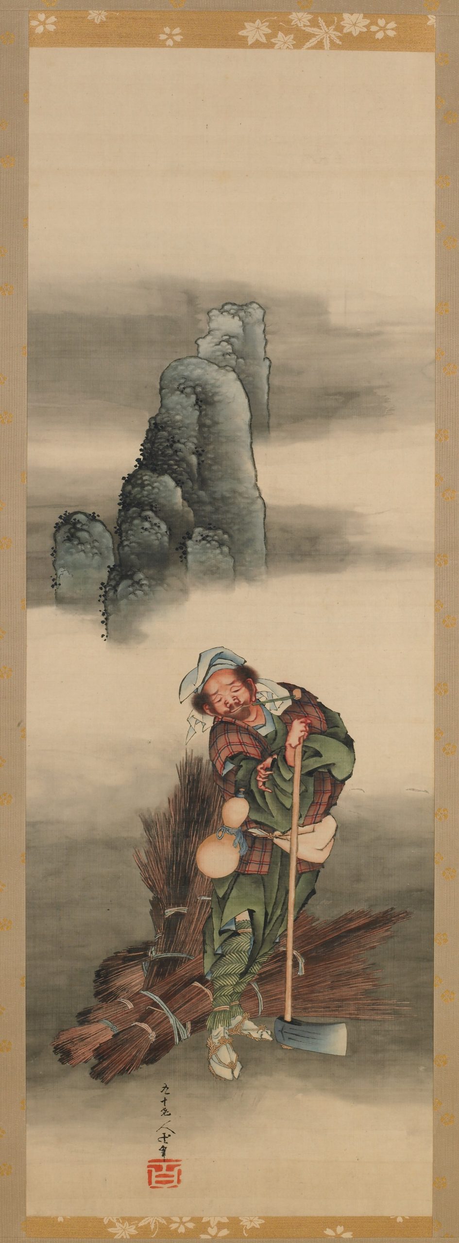 a vertical scroll painting depicting a man in front of a mountain