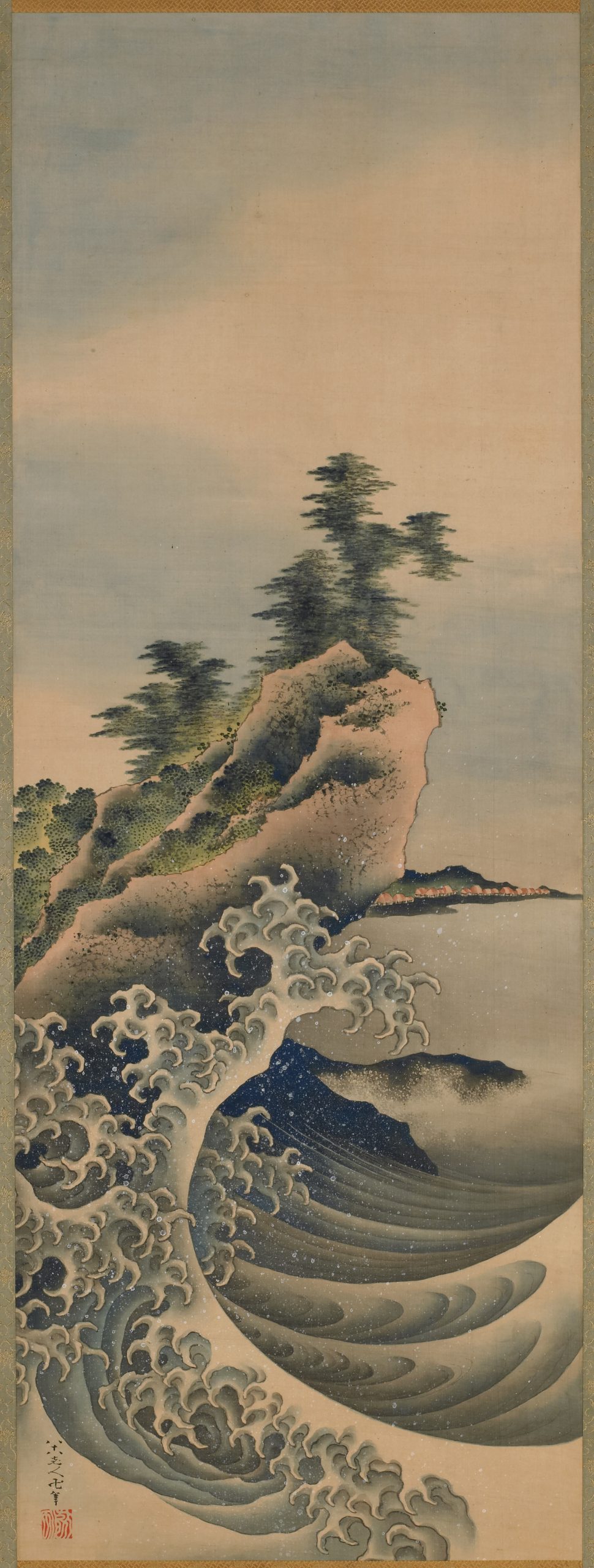 A print of a curving stylized wave in front of a jutting pointed island with trees/bushes growing out of it