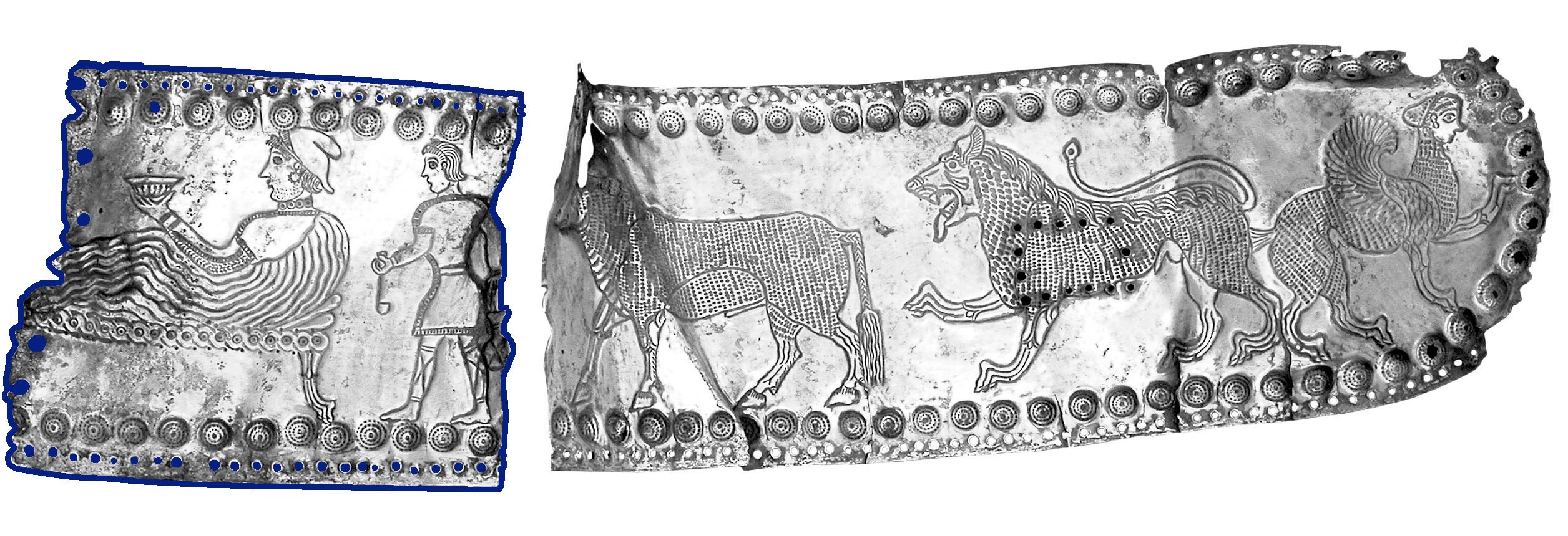 a photo of a silver bracelet featuring a reclining banqueter in the center wears a Persian cap, earrings, and a sleeved tunic beneath a robe.