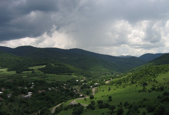 General view of area around Dmanisi, with lush trees an grass in the backgrond.