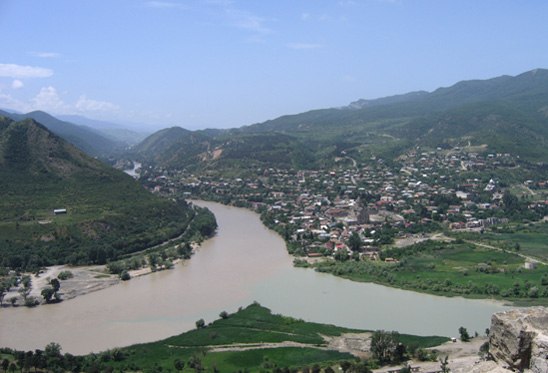 View from the Jvari monastery, overlooking Mtskheta, the Aragvi and Kura (Mtkvari) rivers.